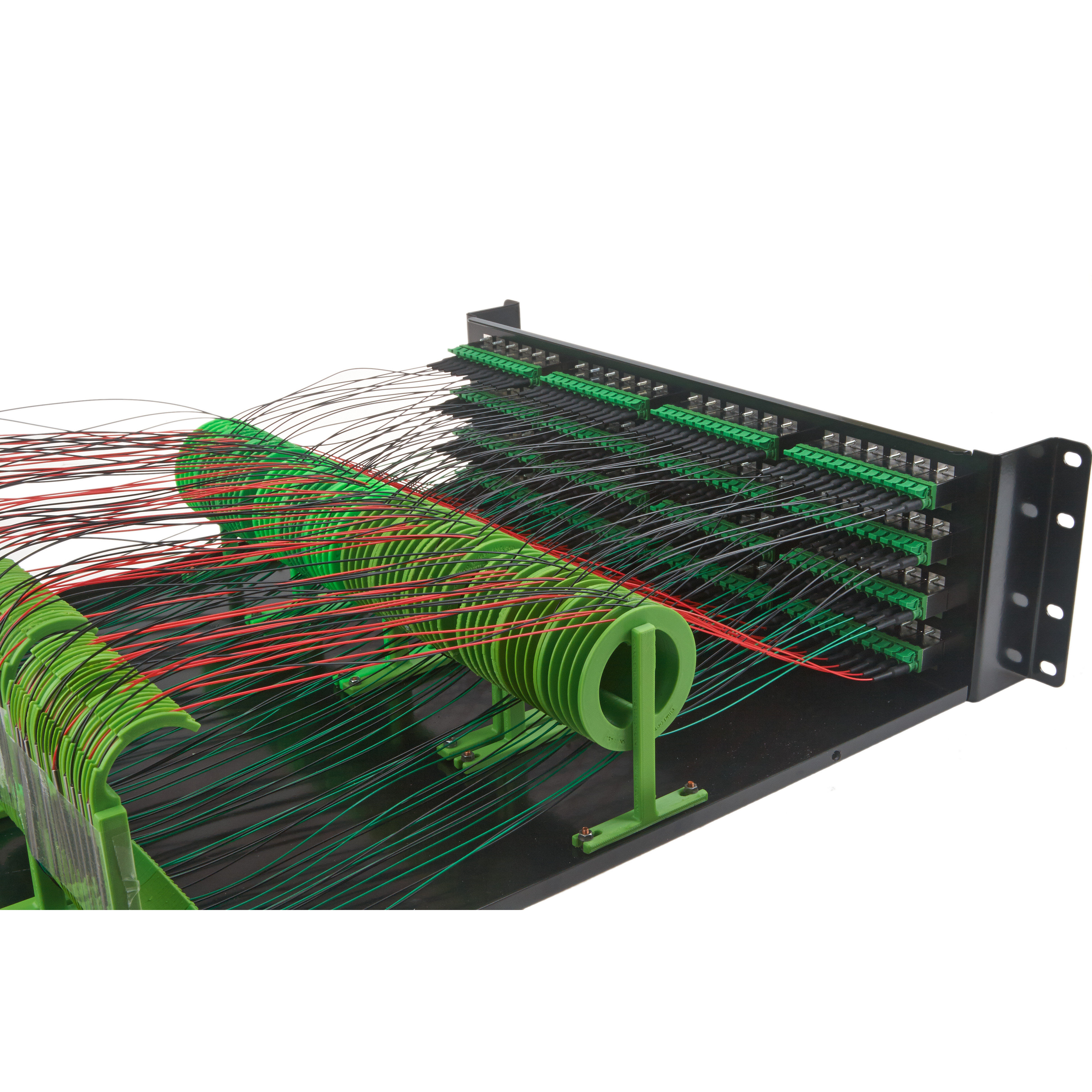 Custom 48-way E2000/APC fibre splitter panel with 3D-printed internals, lid removed